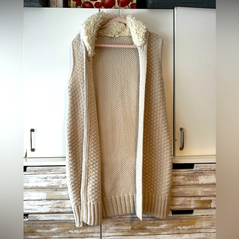✨ GAP Wool Alpaca Blend Faux Fur Collar Long Cardigan Vest Size Small